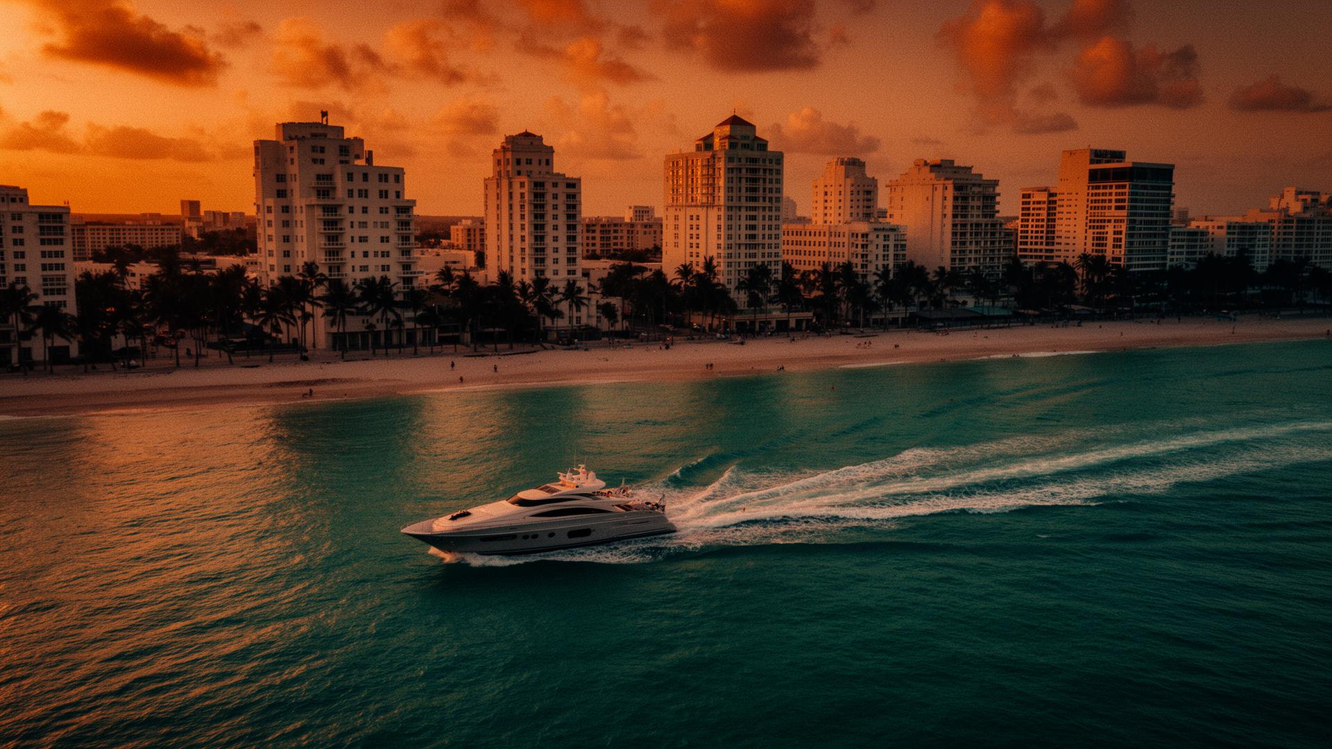 Skyline de Miami ao entardecer com iate cruzando a baía